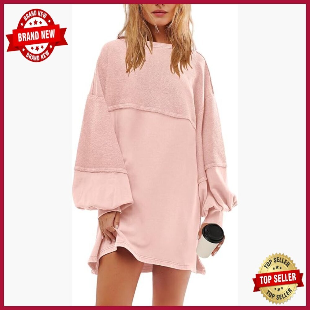 Oversized Long Sleeve Patchwork Sweatshirt Dress Crewneck Tunic Pullover Top